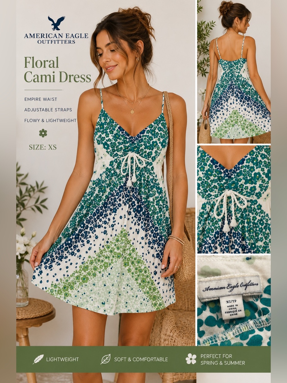 American Eagle Floral Empire Waist Cami Dress XS Boho Cottagecore Mini